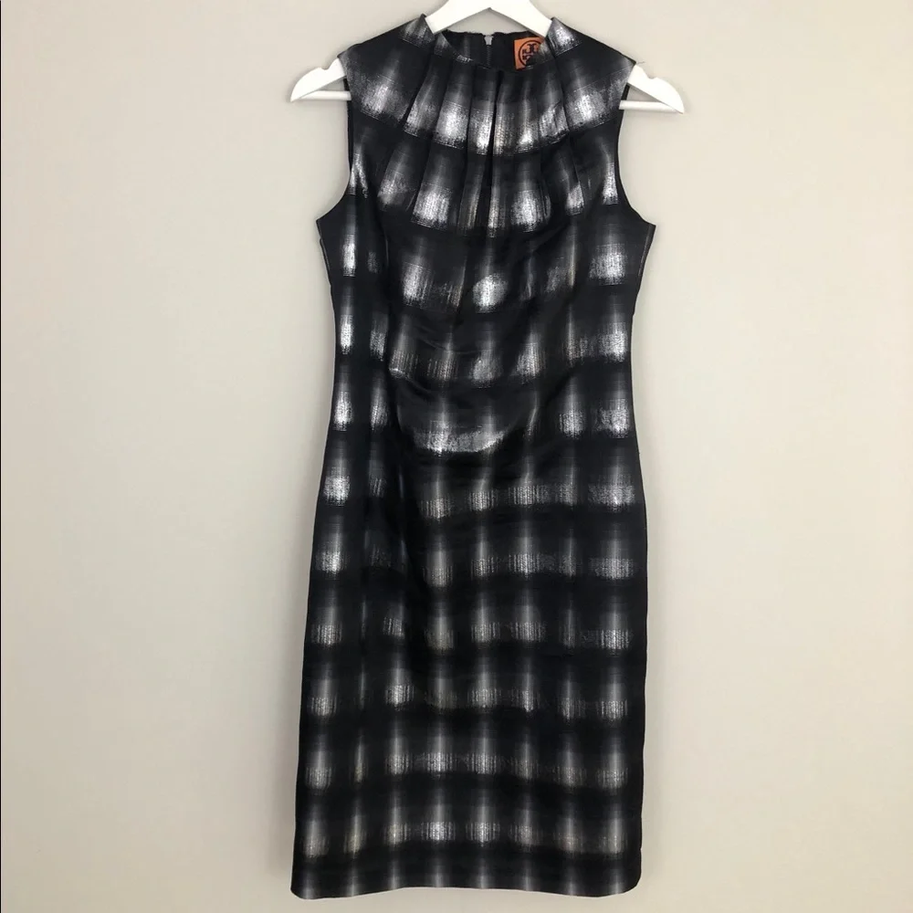 Tory Burch Sleeveless Silk Metallic Plaid Knee Length Dress